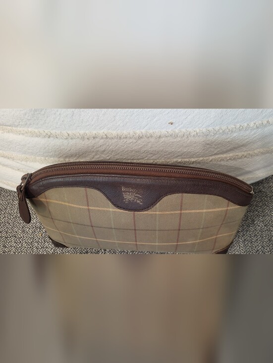 Burberry Other - Vintage Burberry Tan Plaid Canvas Toiletry Pouch with Brown Leather Trim